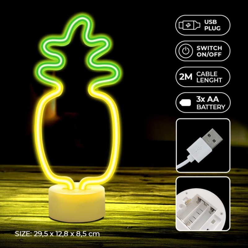 led neon ananas colore caldo alimentazione a batterie 3x AA dimensioni 45 x 185 x 275mm