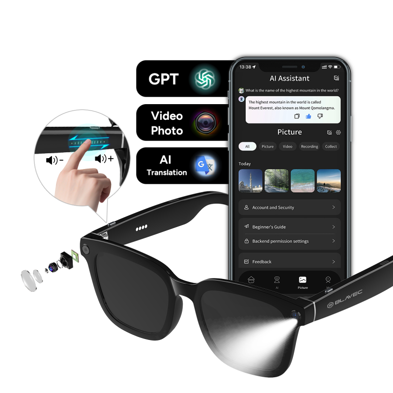 Occhiali intelligenti Blavec SG-01 con fotocamera HD, IA e Wi-Fi neri