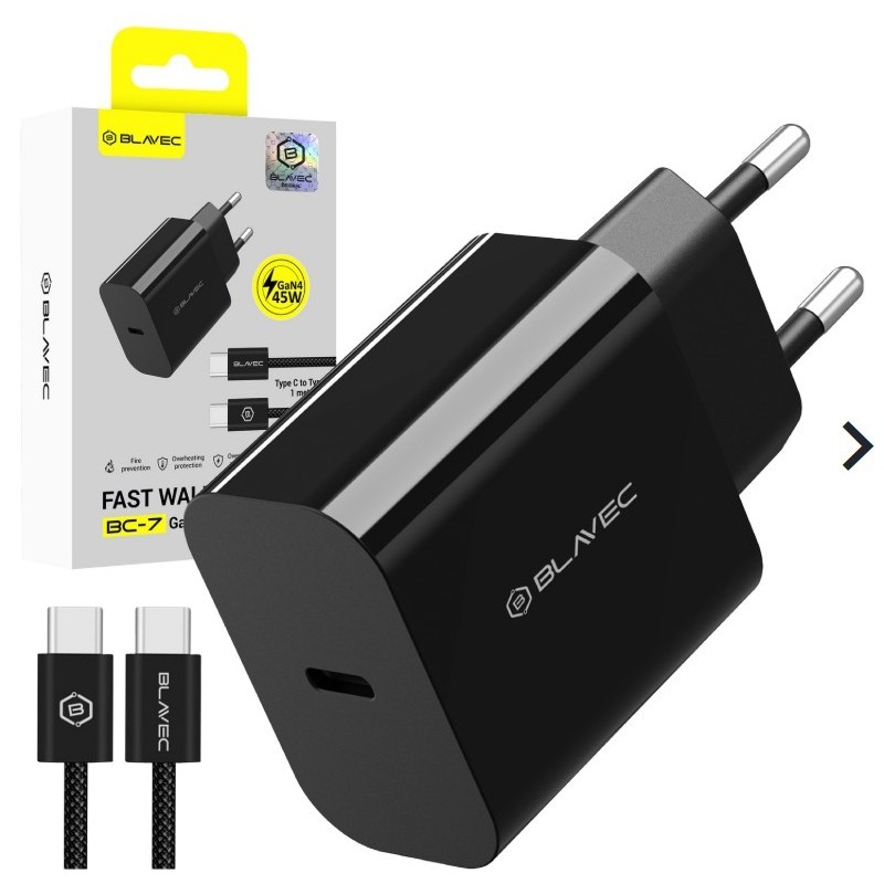 caricabatterie 45w usb-c + cavo gan nero