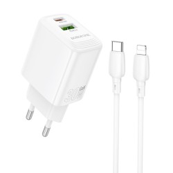 caricabatterie 30W USB QC3.0 + USB-C POWER DELIVERY 30W completo di cavo lightning bianco