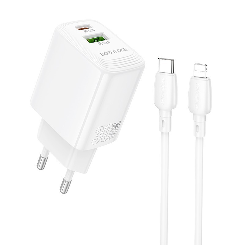 caricabatterie 30W USB QC3.0 + USB-C POWER DELIVERY 30W completo di cavo lightning bianco