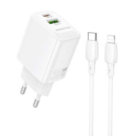 caricabatterie 30W USB QC3.0 + USB-C POWER DELIVERY 30W completo di cavo lightning bianco