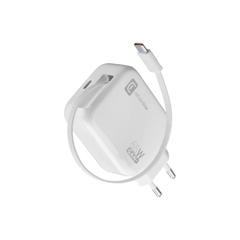 caricabatteria 65w retraibile  usb-c tecnologia GAN+ bianco