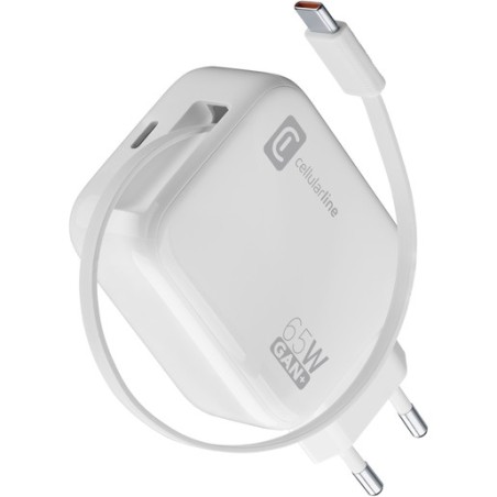 caricabatteria 65w retraibile  usb-c tecnologia GAN+ bianco