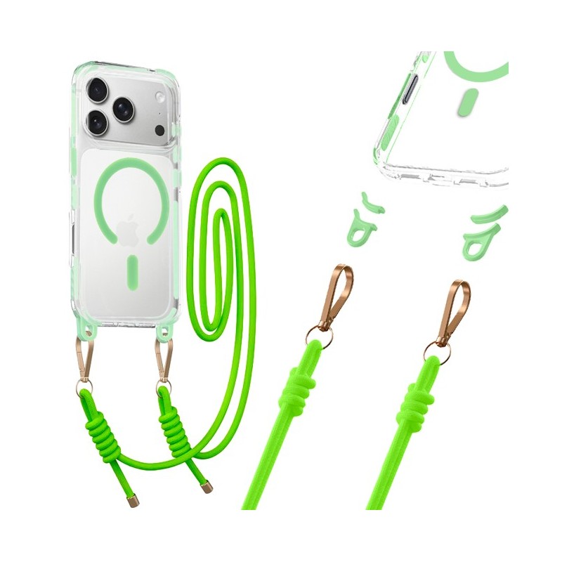 cover  rigida per iphone 18 pro 17 pro  verde con laccio da collo rimovibile