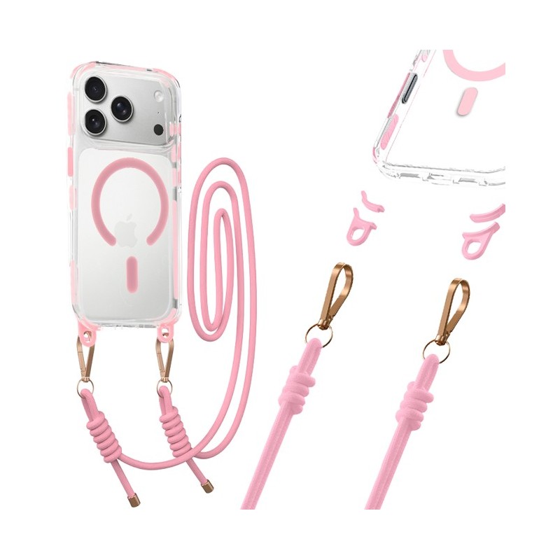 cover  rigida per iphone 18 pro max 17 pro max  rosa con laccio da collo rimovibile