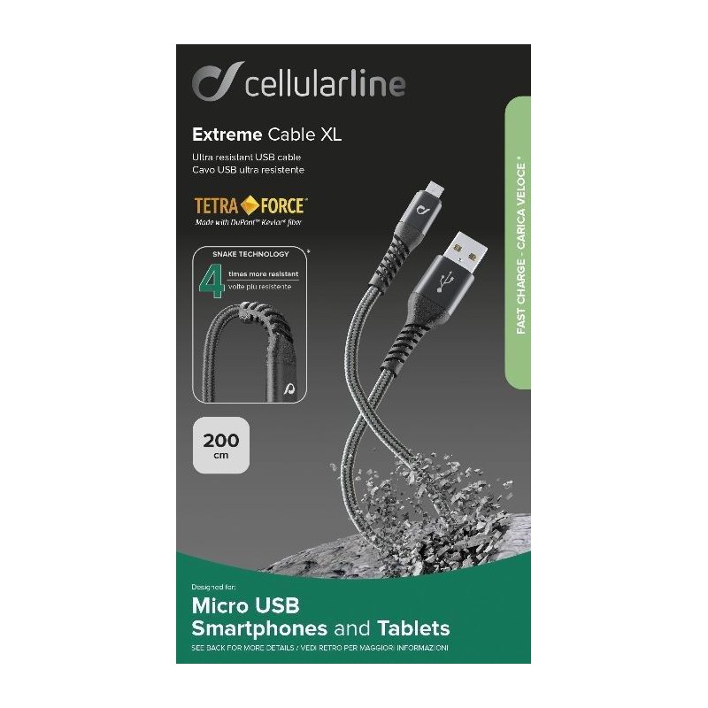 CAVO USB KEVLAR 2 METRI MICROUSB NERO